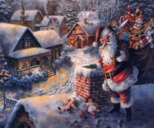пазл Санта Клаус на крыше дома рядом с трубой